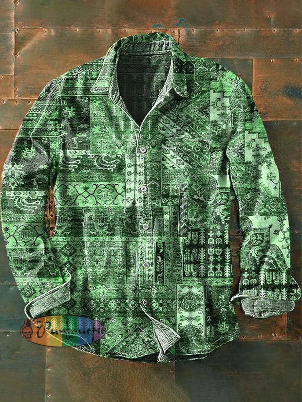 Men’s Vintage Abstract Jade Print Casual Long Sleeve Lapel Shirt As Picture / S