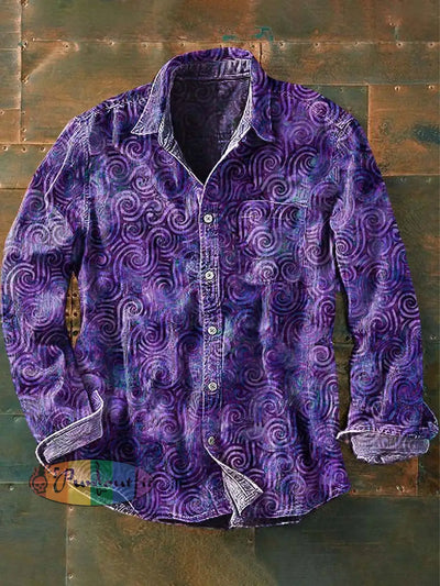 Mens Vintage Abstract Print Casual Lapel Long Sleeve Shirt As Picture / S