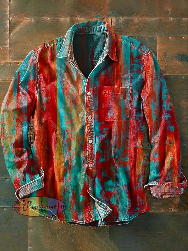 Mens Vintage Abstract Print Casual Long Sleeve Shirt As Picture / S