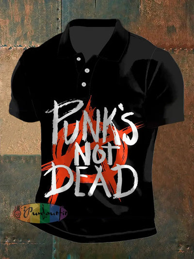 Men’s Vintage Anti-War Sign Punk’s Not Dead Art Abstract Printed Casual Short Sleeve Polo Shirt Black / S