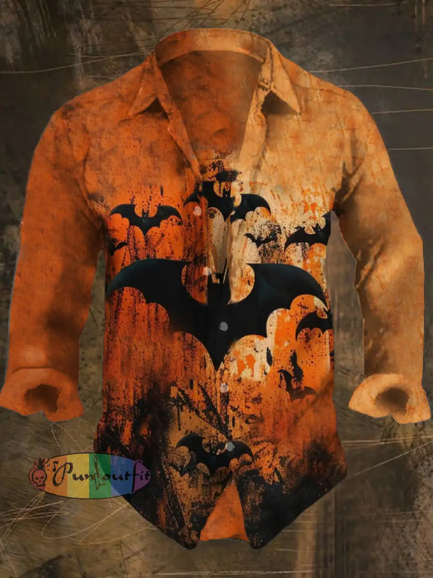 Men’s Vintage Black Bats Abstract Print Casual Long Sleeve Shirt Colorful / S