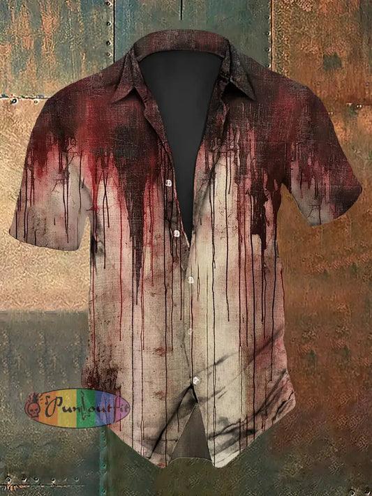 Men’s Vintage Blood Dark Gothic Abstract Print Casual Cotton Short Sleeve Shirt As picture / S