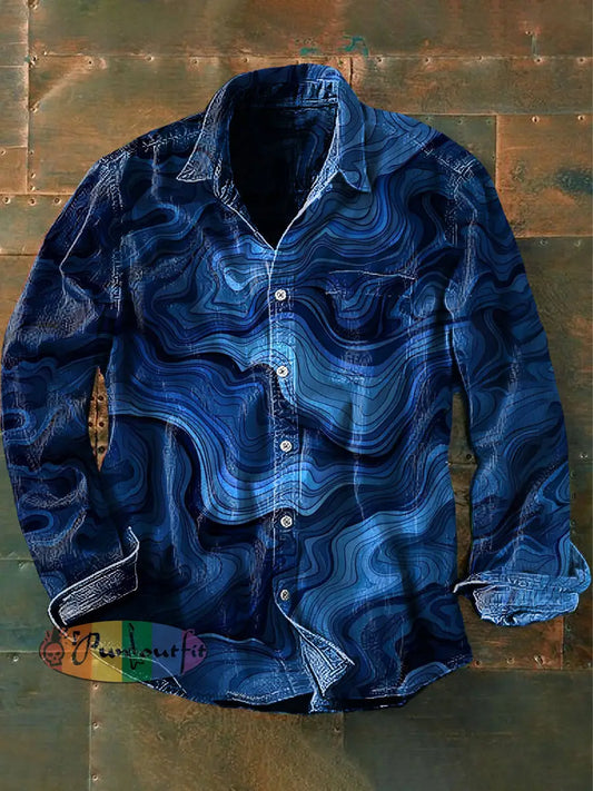 Men’s Vintage Blue Gradient Waves Print Casual Long Sleeve Shirt Blue / S