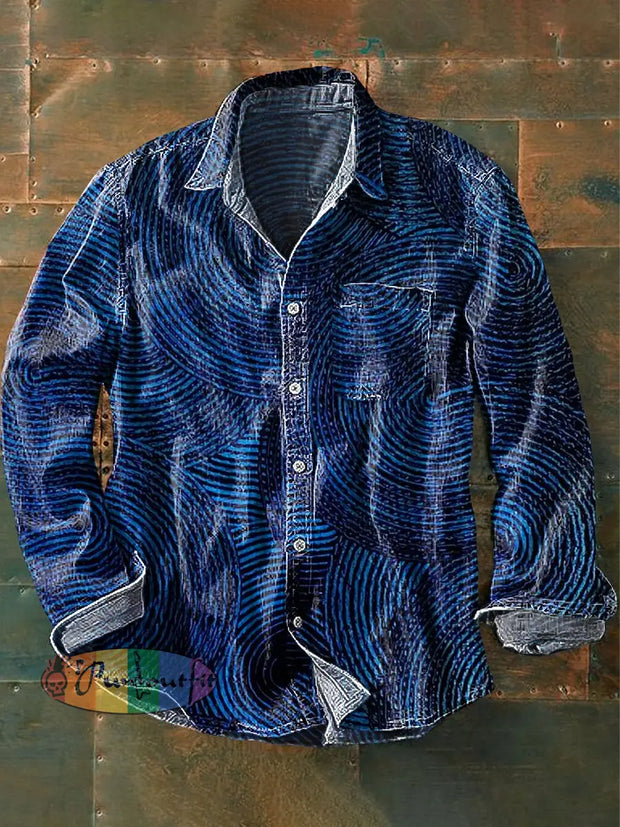Men’s Vintage Blue Irregular Line Art Print Long Sleeve Pocket Shirt Colorful / S
