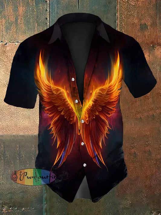 Men’s Vintage Butterfly Flame Wings Abstract Print Casual Cotton Short Sleeve Shirt Black / S