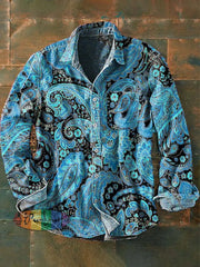 Men’s Vintage Cashew Flower Print Casual Long Sleeve Lapel Shirt Blue / S