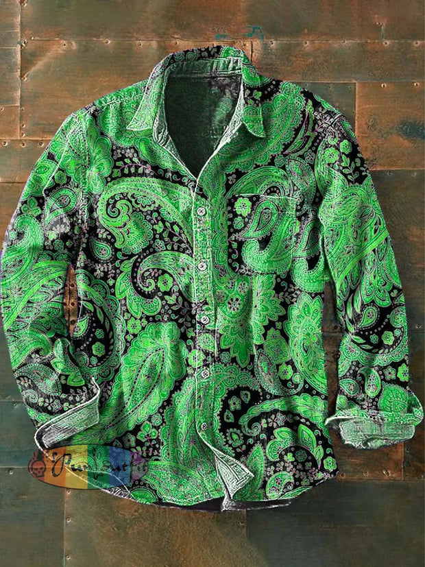 Men’s Vintage Cashew Flower Print Casual Long Sleeve Lapel Shirt Green / S