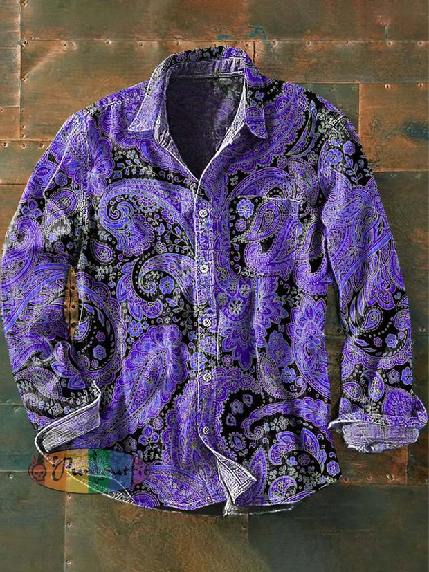 Men’s Vintage Cashew Flower Print Casual Long Sleeve Lapel Shirt Purple / S