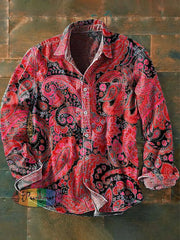 Men’s Vintage Cashew Flower Print Casual Long Sleeve Lapel Shirt Red / S