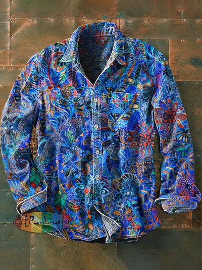 Men’s Vintage Chameleon Print Casual Long Sleeve Lapel Shirt As Picture / S