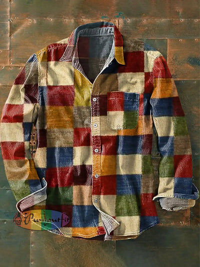 Men’s Vintage Color Block Patchwork Art Print Long Sleeve Pocket Shirt Colorful / S