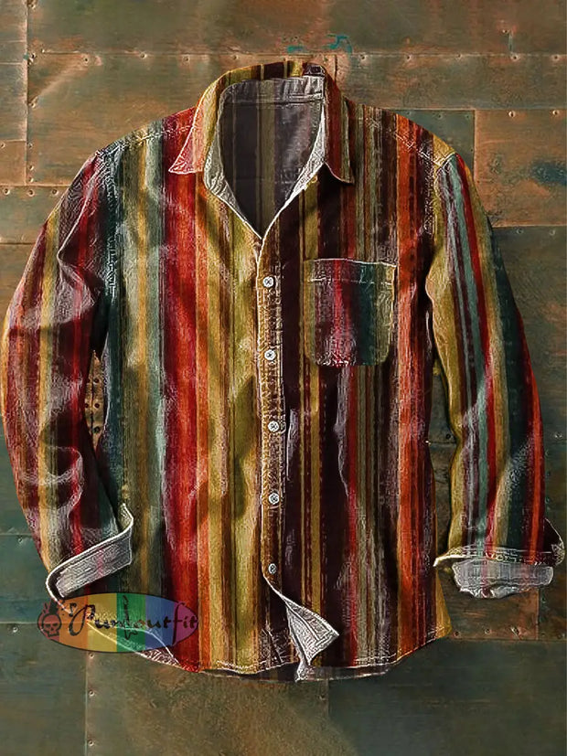 Men’s Vintage Color Stripe Art Print Lapel Long Sleeve Pocket Shirt Colorful / S