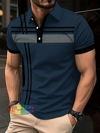 Men’s Vintage Colour Blocking Line Abstract Printed Casual Short Sleeve Polo Shirt Blue / S