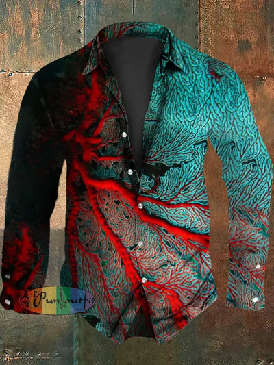 Men’s Vintage Colourful Corals Abstract Print Casual Long Sleeve Shirt Blue / S