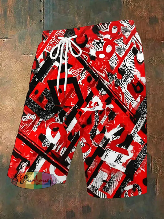 Men’s Vintage Colourful Guitar Ripple Line Irregular Music Festival Abstract Print Casual Pocket Drawstring Shorts Red