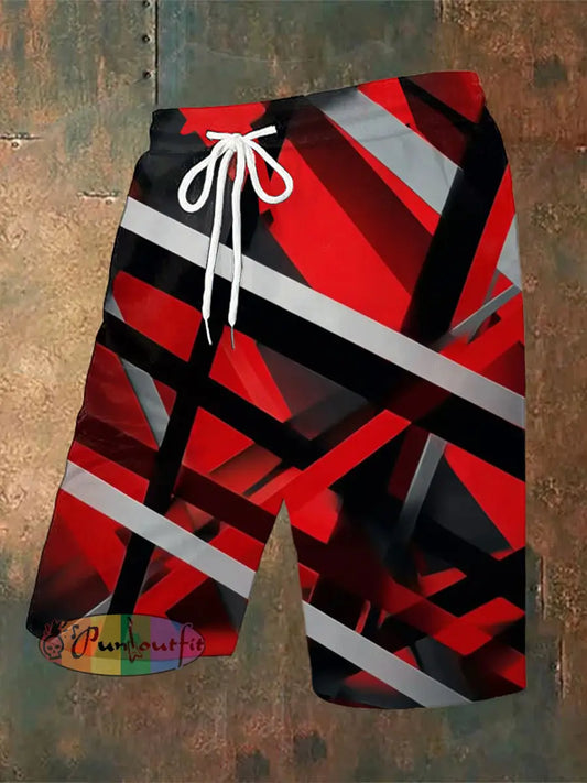 Men’s Vintage Colourful Guitar Ripple Lines Music Festival Abstract Print Casual Pocket Drawstring Shorts Red / S