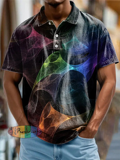 Men’s Vintage Colourful Line Magic Art Abstract Printed Casual Cotton Short Sleeve Polo Shirt Black / S