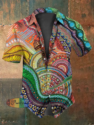 Men’s Vintage Colourful Mandala Patterns Abstract Print Casual Cotton Short Sleeve Shirt As picture / S