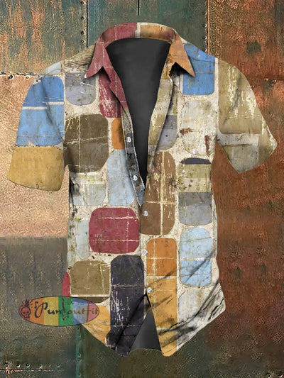 Men’s Vintage Colourful Old Geometric Abstract Print Casual Cotton Short Sleeve Shirt As picture / S