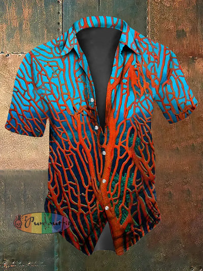 Men’s Vintage Colourful Red Coral Abstract Print Casual Cotton Short Sleeve Shirt As picture / S