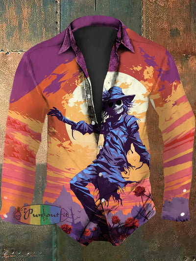 Men’s Vintage Colourful Skull Scarecrow Abstract Print Casual Long Sleeve Shirt Purple / S