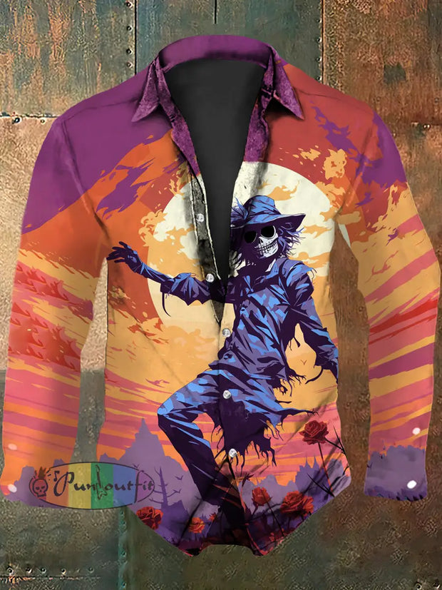 Men’s Vintage Colourful Skull Scarecrow Abstract Print Casual Long Sleeve Shirt Purple / S