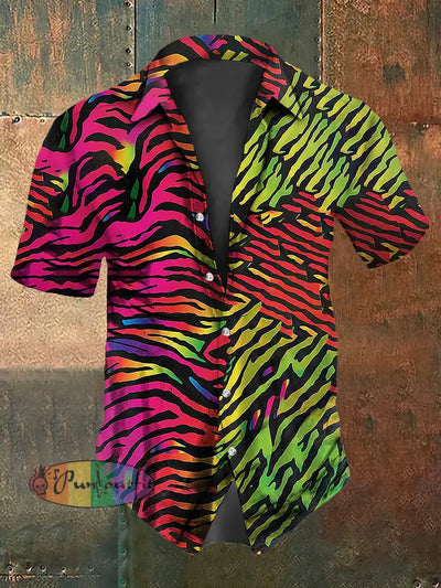 Men’s Vintage Colourful Zebra Abstract Print Casual Cotton Short Sleeve Shirt As picture / S