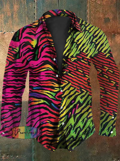 Men’s Vintage Colourful Zebra Pattern Abstract Print Casual Long Sleeve Shirt As picture / S