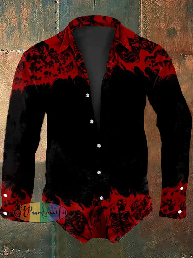 Men’s Vintage Dark Punk Skull Gradient Abstract Print Casual Long Sleeve Shirt Red / S