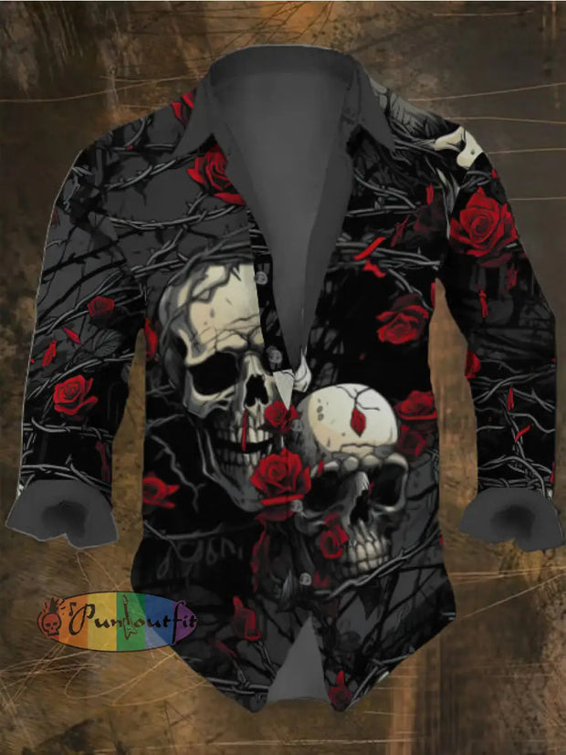 Men’s Vintage Dark Skull Print Long Sleeve Shirt