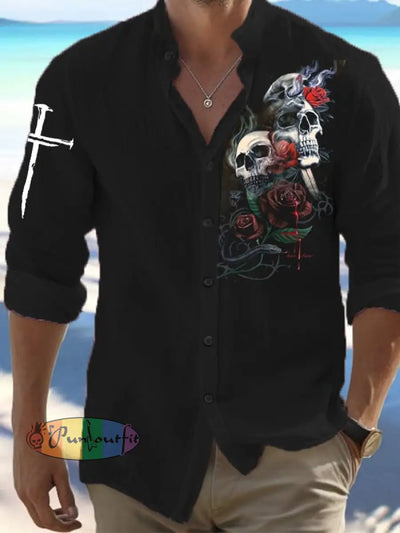 Men’s Vintage Dark Skull Print Long Sleeve Shirt As Shown / S Hot