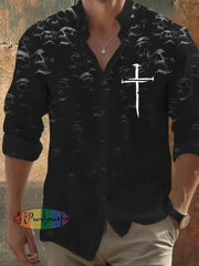 Men’s Vintage Dark Skull Print Long Sleeve Shirt As Shown / S Hot