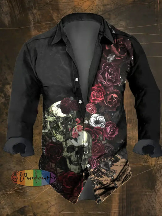 Men’s Vintage Dark Skull Print Long Sleeve Shirt Multicolor / S