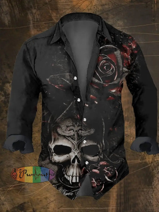 Men’s Vintage Dark Skull Print Long Sleeve Shirt Multicolor / S