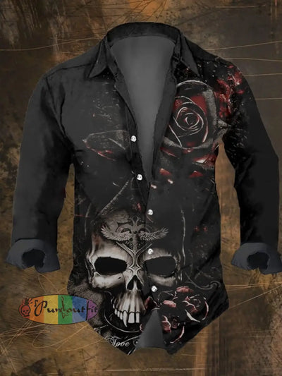 Men’s Vintage Dark Skull Print Long Sleeve Shirt Multicolor / S