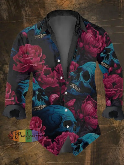 Men’s Vintage Dark Skull Print Long Sleeve Shirt Multicolor / S