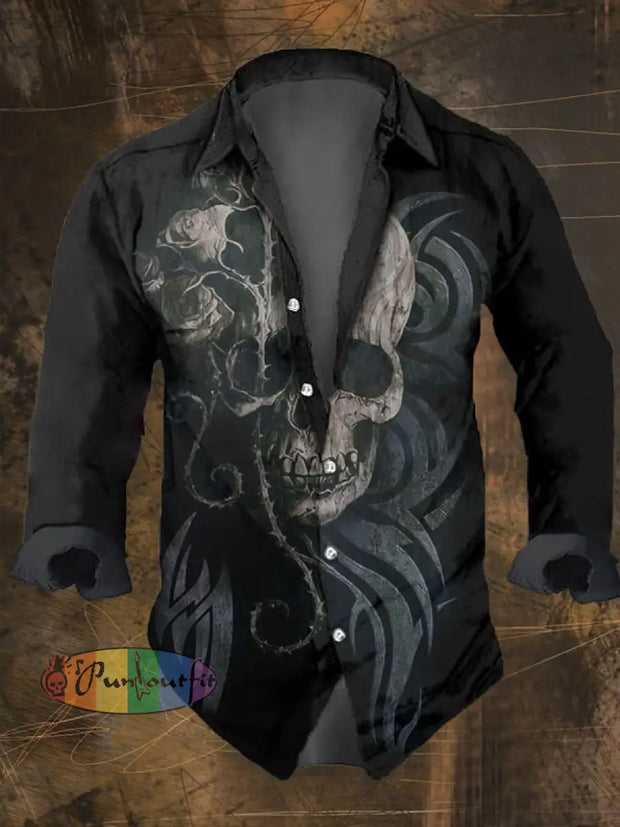 Men’s Vintage Dark Skull_Print Long Sleeve Shirt Multicolor / S