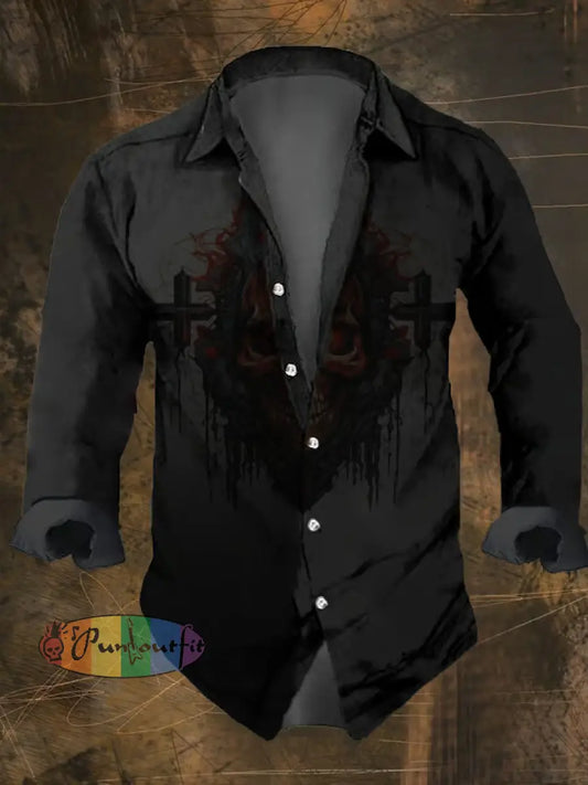 Men’s Vintage Dark Skull Print Long Sleeve Shirt Multicolor / S