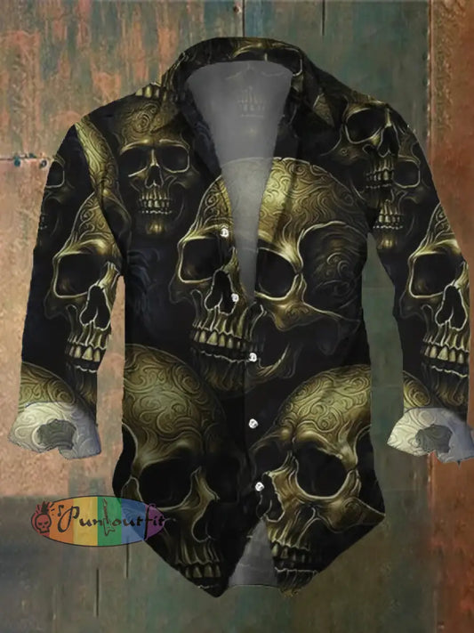 Men’s Vintage Dark Skull Print Long Sleeve Shirt Multicolor / S