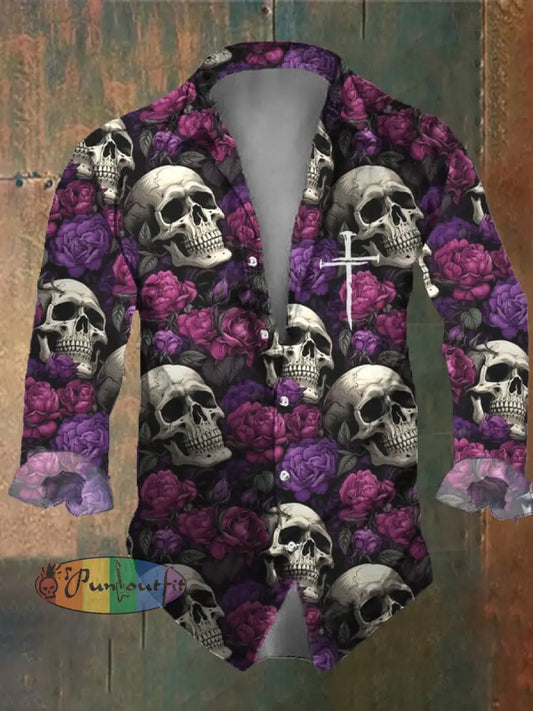 Men’s Vintage Dark Skull Print Long Sleeve Shirt Multicolor / S