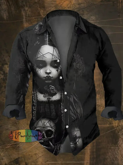 Men’s Vintage Dark Skull Print Long Sleeve Shirt Multicolor / S