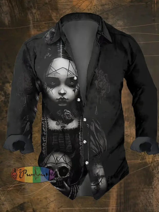 Men’s Vintage Dark Skull Print Long Sleeve Shirt Multicolor / S