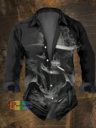 Men’s Vintage Dark Skull Print Long Sleeve Shirt Multicolor / S