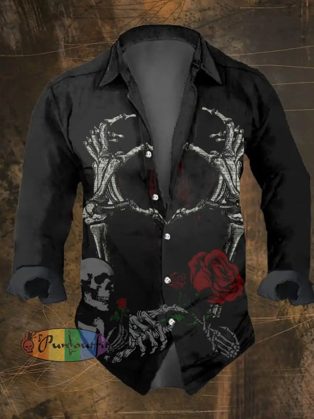 Men’s Vintage Dark Skull Print Long Sleeve Shirt Multicolor / S
