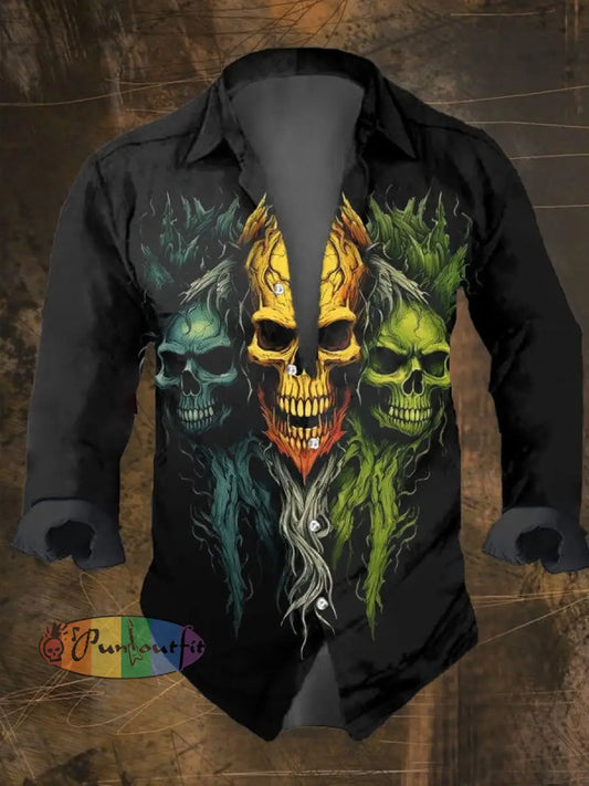Men’s Vintage Dark Skull Print Long Sleeve Shirt Multicolor / S