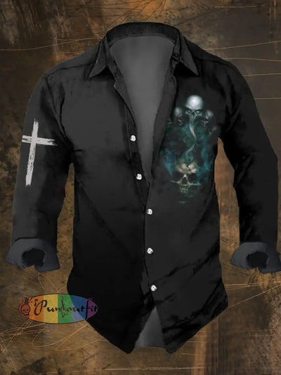 Men’s Vintage Dark Skull Print Long Sleeve Shirt Multicolor / S
