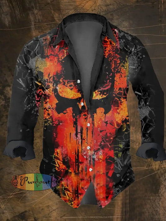 Men’s Vintage Dark Skull Print Long Sleeve Shirt Multicolor / S