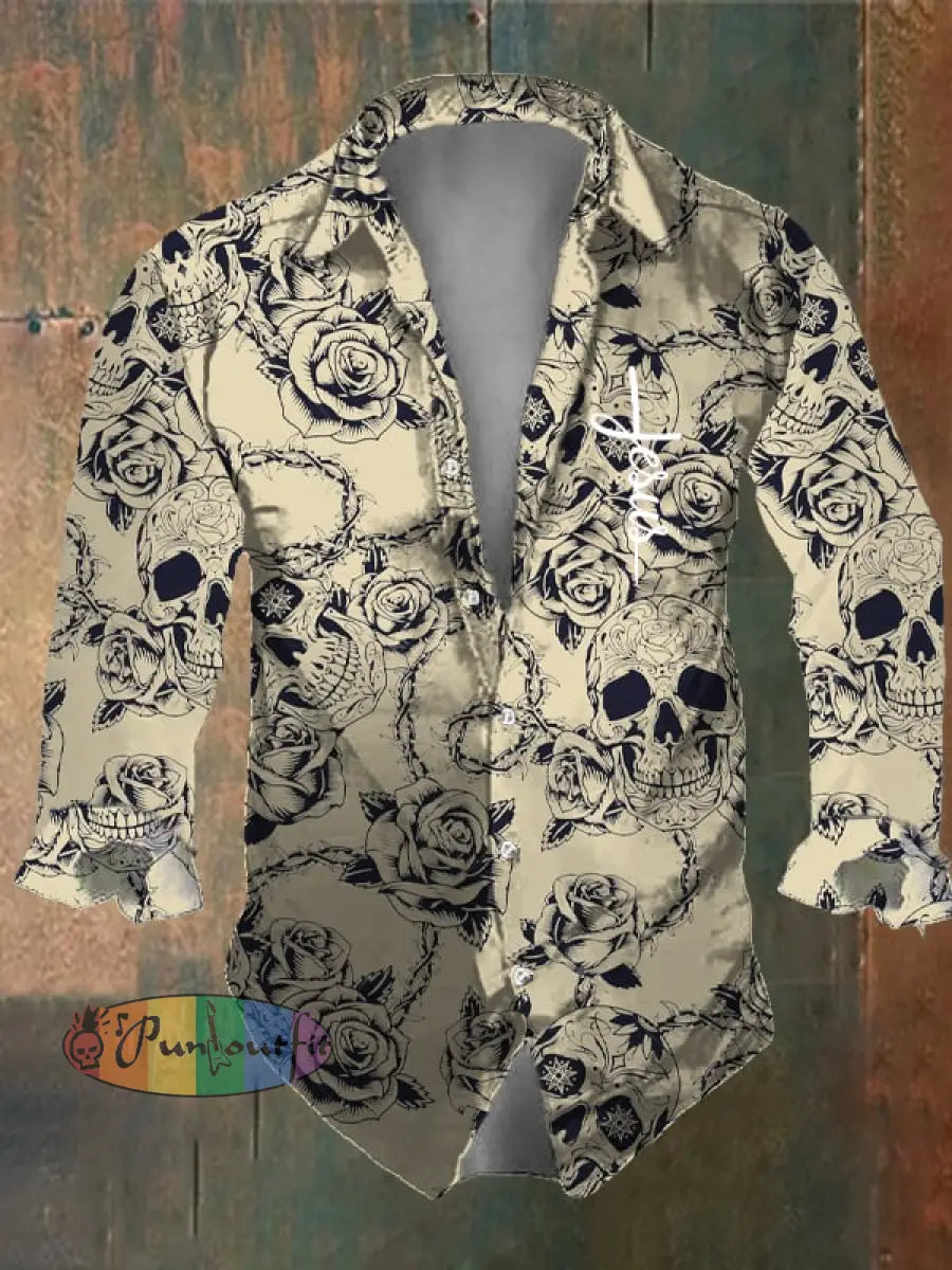 Men’s Vintage Dark Skull Print Long Sleeve Shirt Multicolor / S