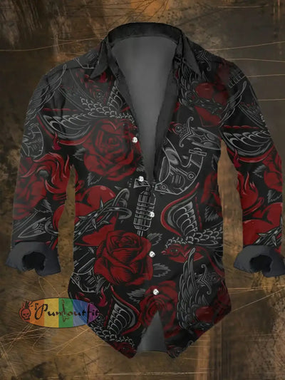 Men’s Vintage Dark Skull Print Long Sleeve Shirt Multicolor / S