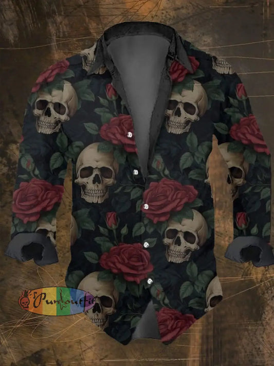 Men’s Vintage Dark Skull Print Long Sleeve Shirt Multicolor / S